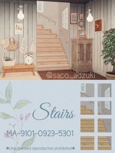 the interior of a house with stairs painted in pastel colors and an image of a potted plant