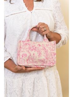 Pink and White Floral Mini Tote - Lolo Viv Boutique Pink Canvas Pouch Bag, Pink Summer Bags With Removable Pouch, Pink Shoulder Bag With Detachable Strap For Summer, Pink Cotton Shoulder Bag With Removable Pouch, Spring Canvas Bag With Removable Pouch And Double Handle, Spring Canvas Bag With Detachable Handle, Cream Rectangular Canvas Bag For Spring, Spring Pink Cotton Shoulder Bag, Rectangular Cream Canvas Bag For Spring