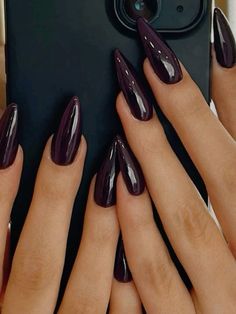 Purple Nails Acrylic Aesthetic, Very Dark Purple Nails, Ash Purple Nails, Dark Purple Aesthetic Nails, Deep Purple Almond Nails, Dark Nails Almond Shape, Nail Inspo Dark Purple, Witch Nails Aesthetic, Nail Dark Purple