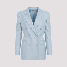 Gabriela Hearst Stone Blue Silk Gavin Blazer. Crafted in silk and virgin wool blend. Notched collar, front buttoned fastening, double breast design, side flap pockets, long sleeves, buttoned cuffs, straight hem, fully lining. Long Sleeve Silk Suit For Office, Luxury Double-breasted Long Sleeve Suits, Silk Single-breasted Outerwear For Office, Single Breasted Silk Outerwear For Office, Silk Single Breasted Outerwear For Office, Elegant Double Breasted Long Sleeve Suit, Elegant Double Breasted Suit With Long Sleeves, Elegant Double Breasted Long Sleeve Suit With Hidden Buttons, Luxury Double Breasted Suit With Hidden Button Closure