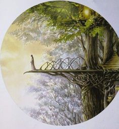 a painting of a woman laying on a bridge in the forest with trees and stairs