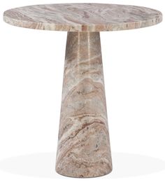 a round marble table with a white base and brown veining on the top, against a white background