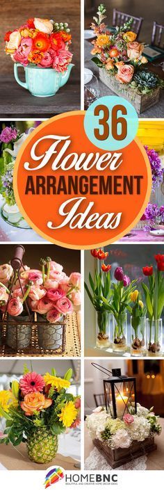 there are many different pictures of flowers in vases on the table with text overlay that reads 38 flower arrangement ideas