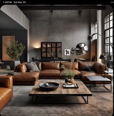 a living room filled with lots of brown furniture