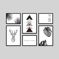 black and white art prints with geometric shapes, palm leaves, deer antelope