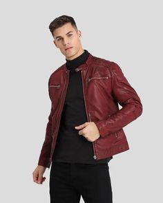 Mens Ben Red Biker Leather Jacket - NYC Leather Jackets Red Zipper Outerwear For Biker Events, Casual Red Leather Jacket For Biker Events, Red Zipper Closure Outerwear For Biker Events, Red Leather Outerwear For Biker Events, Red Leather Biker Outerwear, Red Winter Biker Jacket, Red Biker Outerwear For Events, Red Motorcycle Outerwear For Fall, Red Biker Outerwear For Biker Events