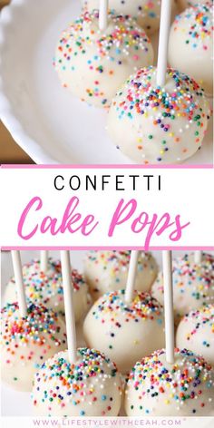 white cake pops with sprinkles on them and the words confetti cake pops