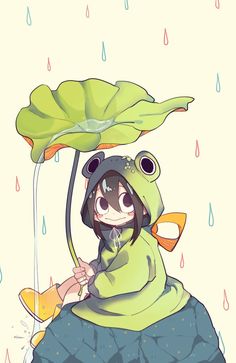 a person sitting on top of a rock under a leaf covered umbrella in the rain