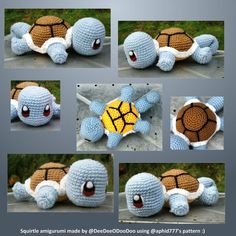 several pictures of a stuffed turtle made to look like it's laying on the ground