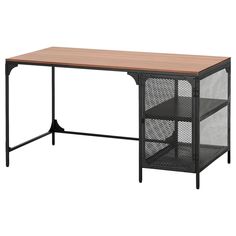 an office desk with mesh sides and a wooden top, on a black frame base