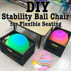 two tables with different colored balls on them and the words diy stability ball chair for flexible seating