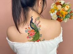 Small Peacock Tattoo, Tattoo Peacock, Sleeves Tattoos, Tattoos Large, Pink Flower Tattoos, Tattoo Large, Peacock Tattoo, Colorful Peacock, Tattoo Temporary