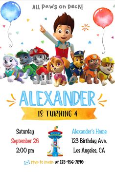 an image of a birthday party with paw patrol characters on the front and back of it