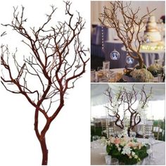 there are three different branches in the centerpieces and one is decorated with flowers