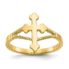 14k Polished Cross Ring. Material: Primary - Purity:14K|Band Width:2 to 8 mm (tapered)|Feature:Solid|Manufacturing Process:Casted|Material: Primary:Gold|Product Type:Jewelry|Jewelry Type:Rings|Sold By Unit:Each|Material: Primary - Color:Yellow|Ring Type:Themed|Ring Top Length:13 mm Size: 6.  Gender: unisex.  Age Group: kids. Gold Ring Band, Yellow Pearl Earrings, Brown Pearl Earrings, Yellow Ring, Nautical Earrings, Yellow Pearl, Seahorse Pendant, Yellow Rings, Bone Pendant