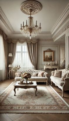 a living room filled with furniture and a chandelier