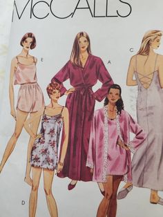 Robe in 2 lengths has dropped shoulders. Robe A has separate front and sleeve bands; robe B has lace trimmed front, neck and sleeve edges; pullover nightgown C, D in 2 lengths and camisole E have bust darts and spaghetti straps; nightgowns feature criss- cross strap detail pull-on shorts and curved hem have elastic through fold back waist casing. Size Extra Small, Small, and Medium  Bust 30-1/2....32-1/2....36 Waist 23....25.... 28 Hip 32-1/234-1/2...38 Back waist length 15-1/2....16 16-1/2 All Nightgown Pattern, Burda Sewing Patterns, Plus Size Sewing Patterns, Women's Sewing Pattern, Sewing Lingerie, Vogue Sewing, Sewing Design, Fashion Sewing Pattern, Sewing Pattern Sizes