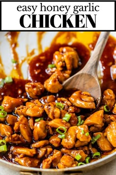 the chicken is being stirred with sauce and garnished with green onions