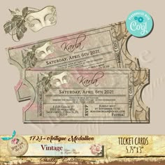 two tickets with masks on them and the words, masqueradee wedding ticket