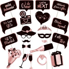 a set of wedding photo booth props with pink and black accents, such as hats, glasses, mustaches