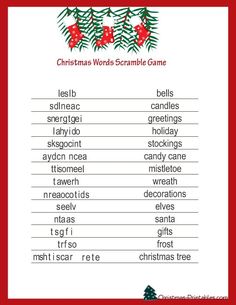 christmas word scramble game with holly branches and poinsettis on the top right corner