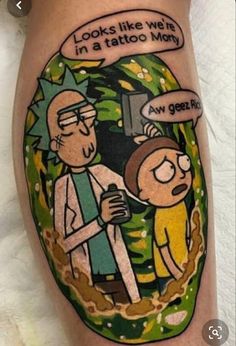 a man with a cartoon tattoo on his leg that says looks like we're in a tattoo mom