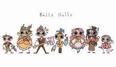 some cartoon characters are standing together in front of the words bells hells on them