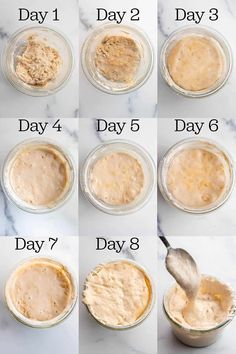 the steps to make peanut butter frosting in small glass bowls on a marble countertop