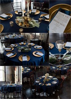 a collage of photos showing different tables with blue linens and gold plates