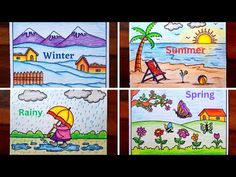 four different colored pictures with the words summer, rain, and spring written on them