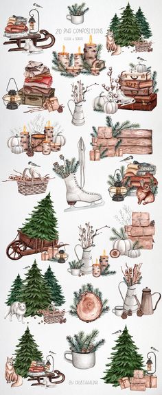 an illustration of christmas trees and other decorations