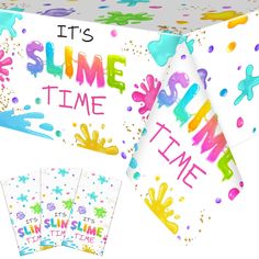 it's slime time party table cloths and placemats with colorful paint splattered on them