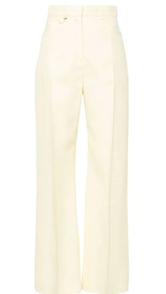 pale yellow, knitted construction, tonal stitching, pressed crease, dart detailing to the rear, belt loops, high-waisted, two rounded pockets to the sides, concealed front button, hook and zip fastening, flared hem, unlined Cream Wide-leg Pants With Pressed Crease, Tailored Cream Wide Leg Pants For Work, Wide Leg Cream Pants With Pressed Crease, Cream Pants With Pressed Crease For Work, Cream Workwear Pants With Pressed Crease, Cream Trousers With Pressed Crease, Cream Wide-leg Pants With Belt Loops, Chic Cream Bottoms With Pressed Crease, Cream Wide Leg Pants With Belt Loops