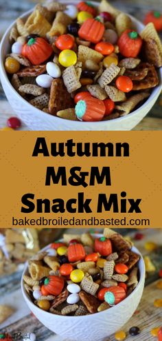 two bowls filled with halloween treats and the words autumn m & m snack mix