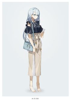 an anime character with blue hair holding a handbag