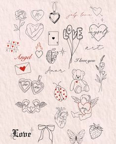 the back side of a piece of paper with many different tattoos and hearts on it