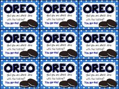 several blue and white labels with the words oreo on them