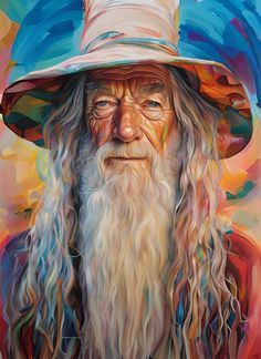 a painting of an old man with long hair and a beard wearing a blue hat