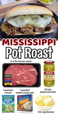 an advertisement for mississippi pot roast with meat and cheese