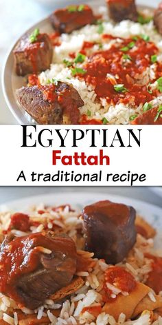 an egyptian dish with meat and rice on the side is shown in two different pictures