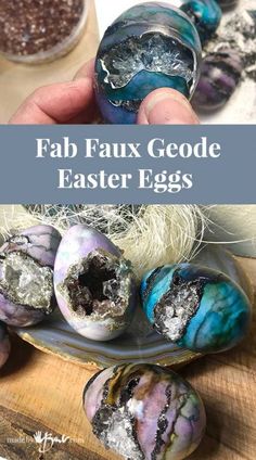 a person holding some kind of egg in their hand with the words fab faux geode easter eggs