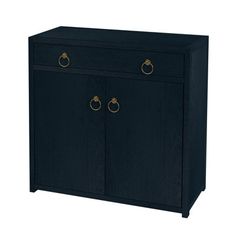 a black cabinet with two brass handles on the front and back doors, against a white background