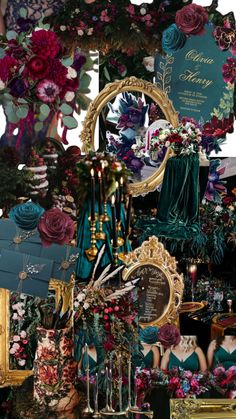 there are many different items on display in this room, including flowers and candles for decoration