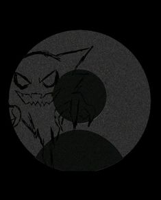 a black and white image of an evil looking cat in the dark with its mouth open