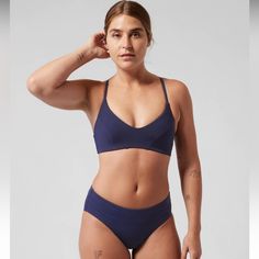 Nwt Navy Bikini Top. Adjustable Tie Back Stretch Swimwear With Light Support For Beach, Summer Yoga Swimwear With Light Support, Summer Fitted Swimwear With Light Support, Light Support Swimwear For Beach, Fitted Swimwear With Light Support For Summer, Athleisure Swimwear With Light Support, Sports Swimwear With Seamless Construction And Triangle Top, Sporty Blue Seamless Swimwear, Sporty Swimwear With Bra Support