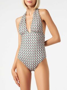 One piece swimsuit with open back, fucsia and greenKnitted. Regolar fit. Composition: 90% poliamyde 10% elastan Saint Barth, Zimmermann Dress, Costume Intero, Pleats Please Issey Miyake, Luxury Accessories, Yoga Wear, The Chic, Knit Patterns, Style Icon