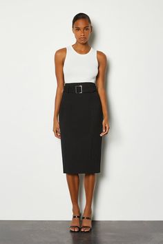 Ponte Belted Pencil Skirt Long Pencil Skirt Outfits, Black Pencil Skirt Outfit, Pencil Skirt Outfit, Sixth Form Outfits, Skirt Collection, Long Pencil Skirt, Pencil Skirt Outfits, Old Money Style, Black Pencil Skirt