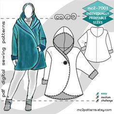 a woman's coat and hoodie sewing pattern from the front, with measurements for it