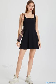 OrcaJump - Sporty Black Sleeveless Mini Dress with U Neck and Back Zipper Black Sleeveless Mini Dress With Back Zipper, Chic Sleeveless Workout Dress, Athletic Dresses, Tag Print, Dress Zipper, U Neck, Sleeveless Mini Dress, Black Sleeveless, Dress Materials