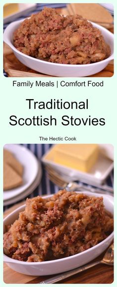 the cover of family meals comfort food traditional scottish stews, with two pictures of it